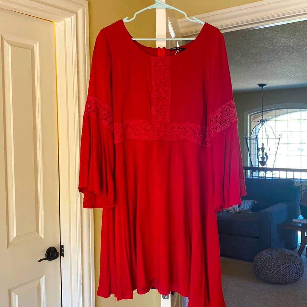 Semi-formal, red dress with lace detail and bell sleeves. Size XXL